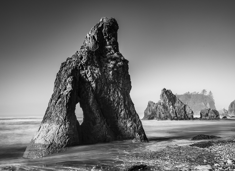 Sea Stacks and Abbey Island at Ruby Beach in the Olympic National Park, on the Washington Coast.  Black and White