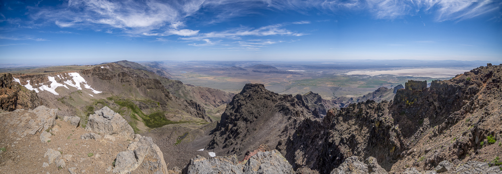 The jagged cliffs on the east side of the Steens Mountain Summit above the Alvord Desert in South Eastern Oregon.