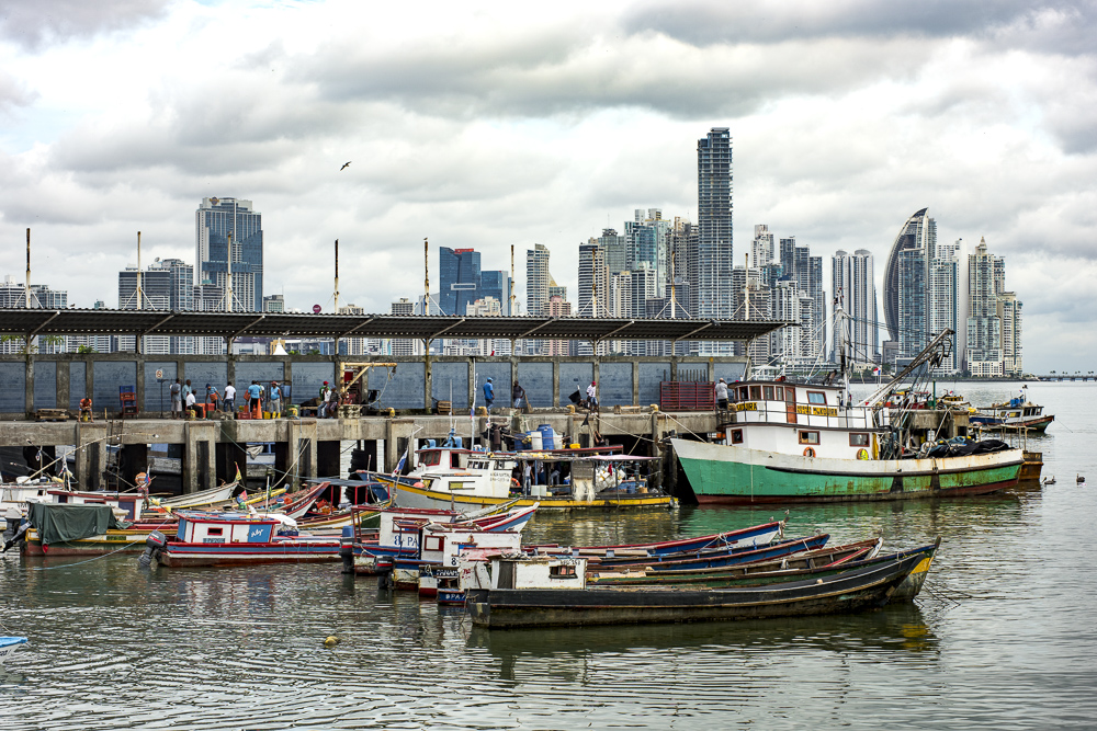 Fishing boats and the city skyline, Panama City, Panama