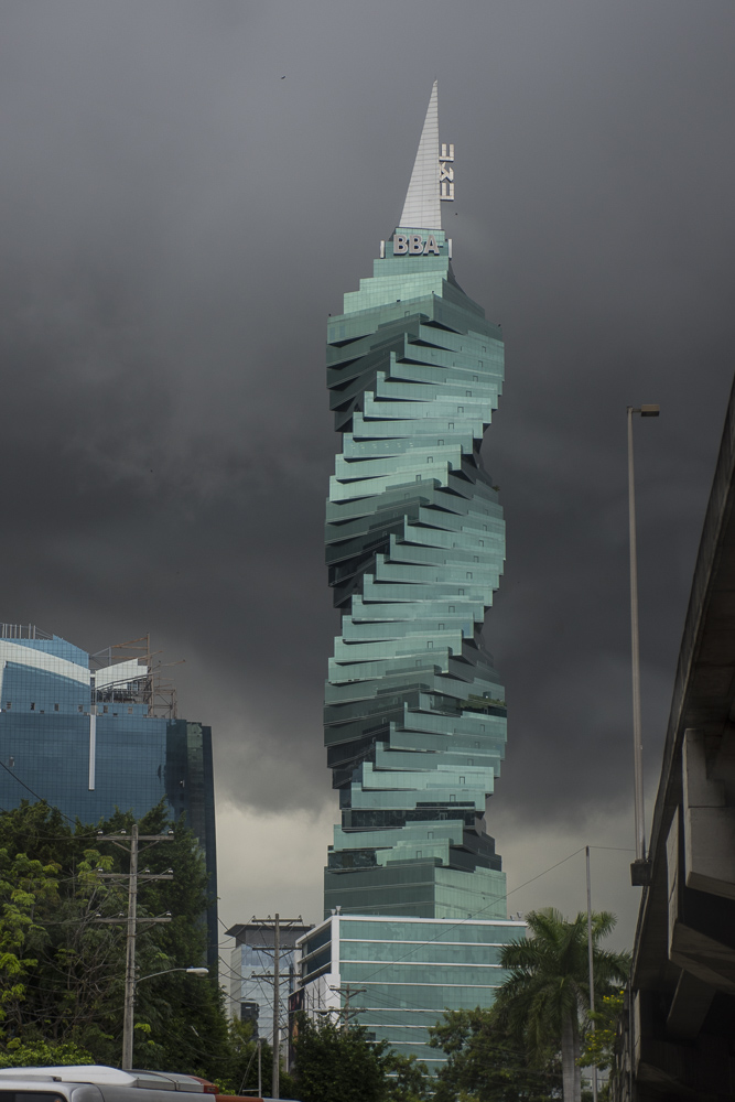 The F&F Tower in Panama City, Panama.  Formerly known as the Revolution Tower.  Stands. 242.9 Meters tall (797 feet).  It has won awards as one of the top 10 Skycrapers in the world for it's architectural excelence.  It includes office space as well as residential units.