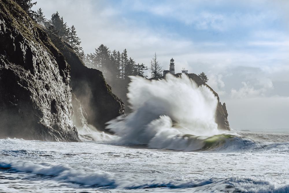 Wave action and South Lighthouse at Cape Disapointment. Mouth of the Columbia River, Washington