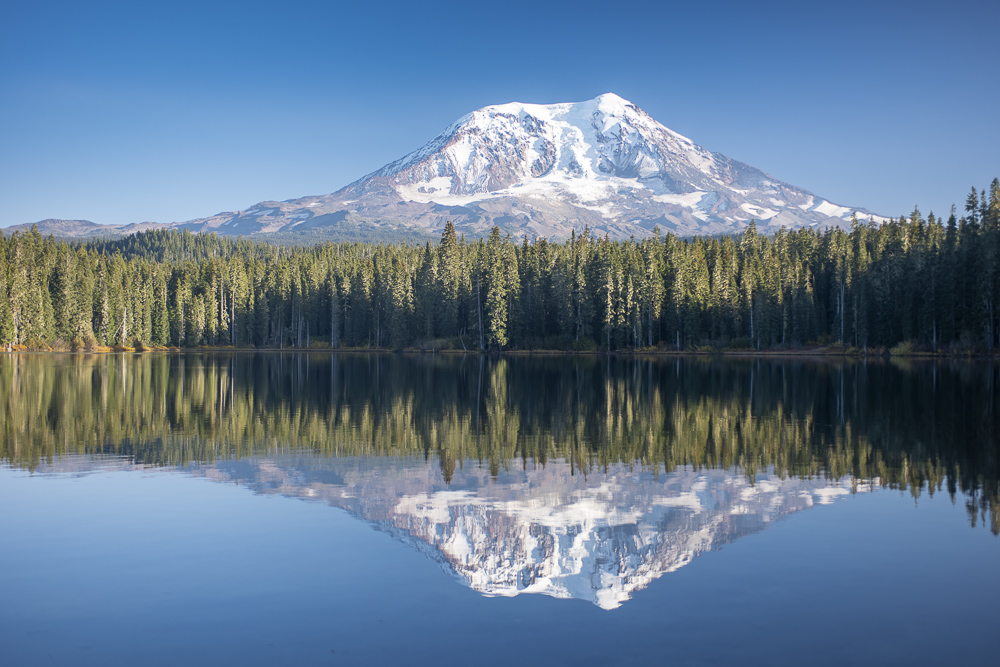 Mount Adams Reflecting on Takhlakh Lake in the Gifford Pinchot National Forest, Washington State.