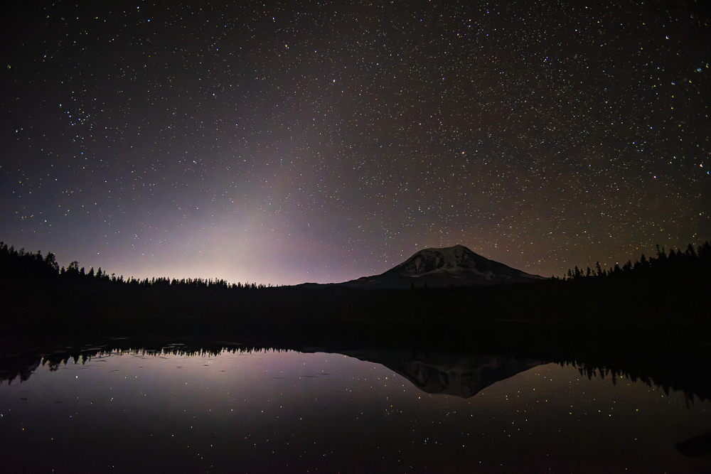 Predawn Srars and Mount Adams reflecting on Takhlakh Lake in the Gifford Pinchot National Forest, Washington