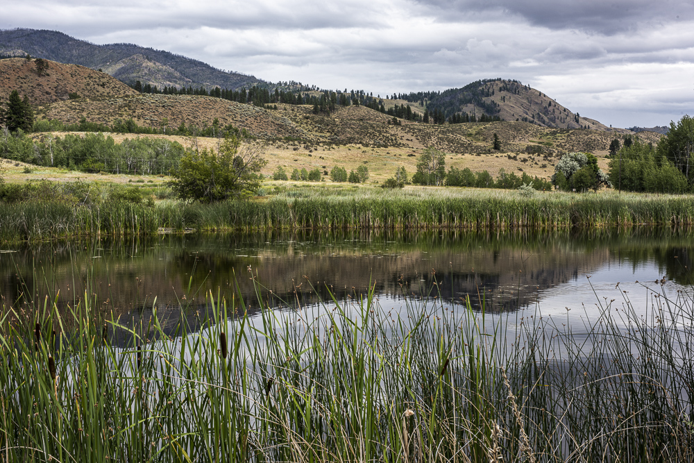 Reflections of the surrounding hills on a calm pond near the town of Winthrip in Eastern Washington.