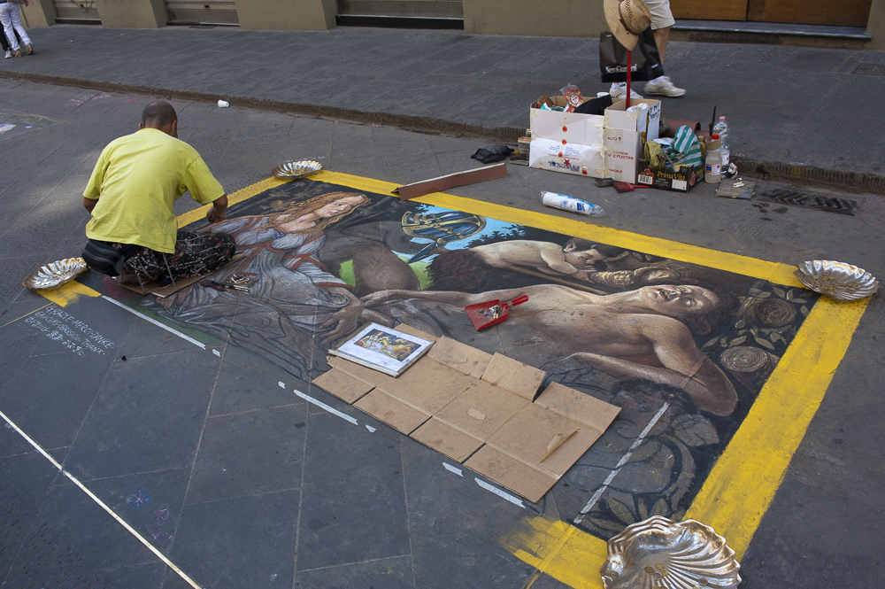 A classic piece of art reproduced as Street Chalk Art, Florence, Italy.