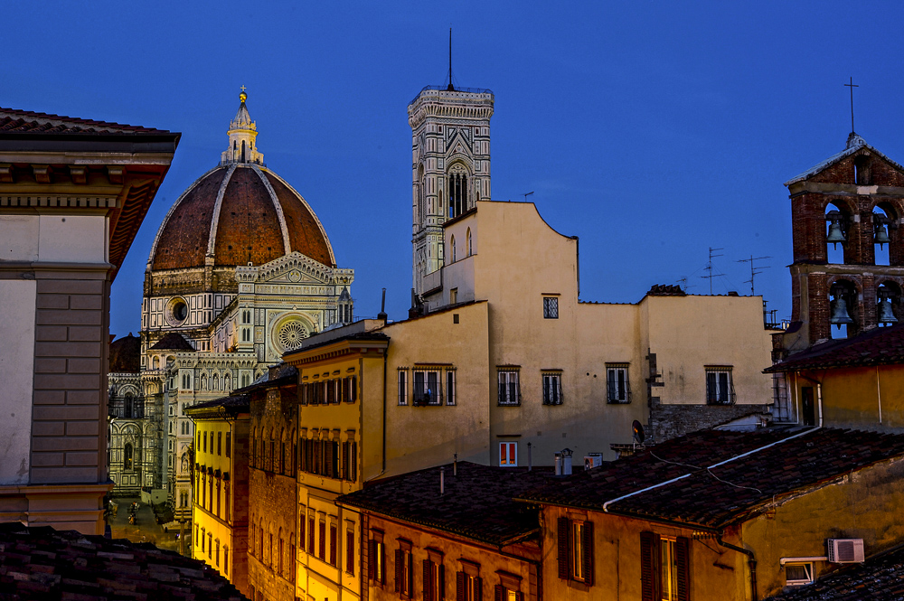 Duomo and Facade at night from surrounding rooftop, Florence, Italy
