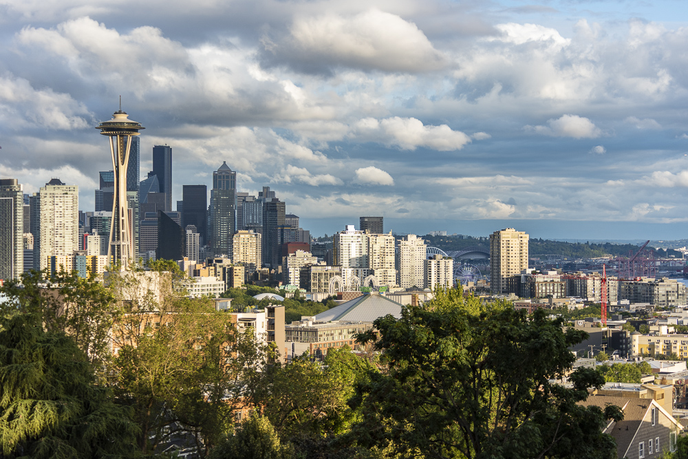 Downtown Seattle, Washington with the Iconic Space Needle  and the stereotypical clouds
