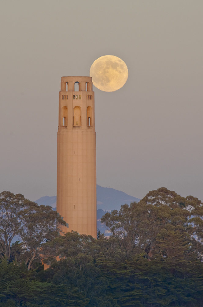 Rising Full Moon behind the Coit Tower on Telegraph Hill, San Francisco,