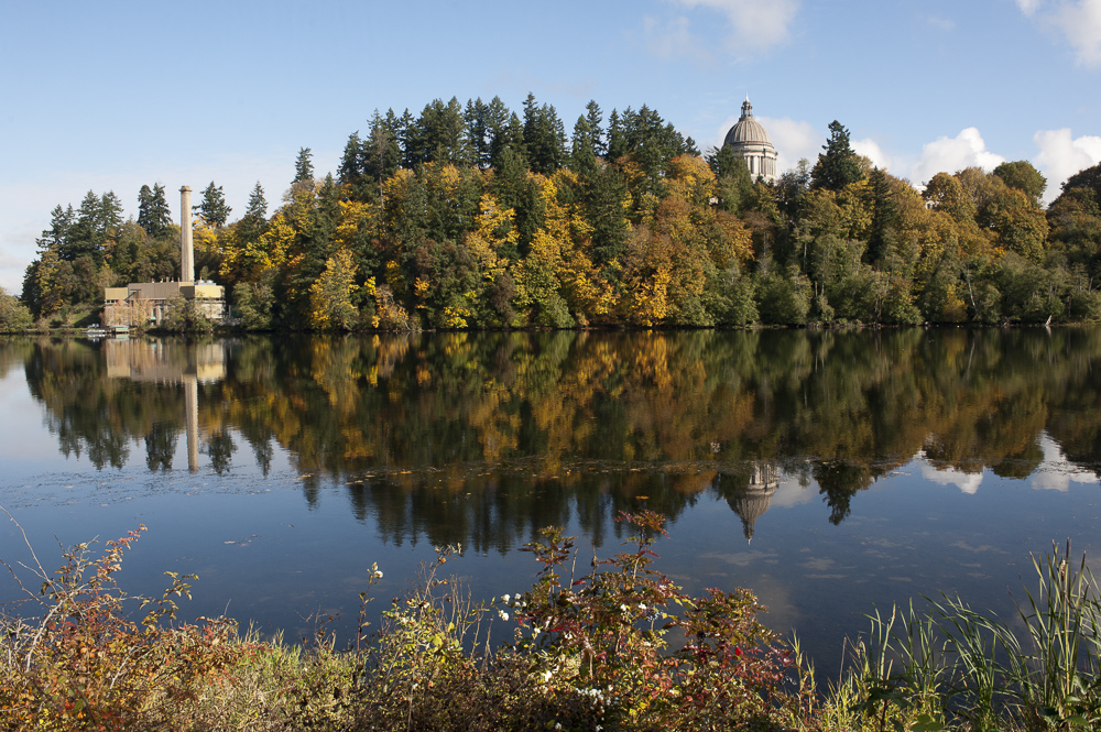 Washington State Capitol and Steam Plant reflecting Fall colors in Capitol Lake
