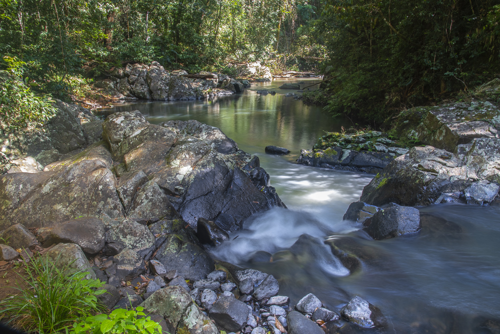 Waterfalls and pools at the Platypus Ponds, Rose Gums Wilderness Retreat, Butcher's Creek, Atherton Table Lands, Queensland, Australia