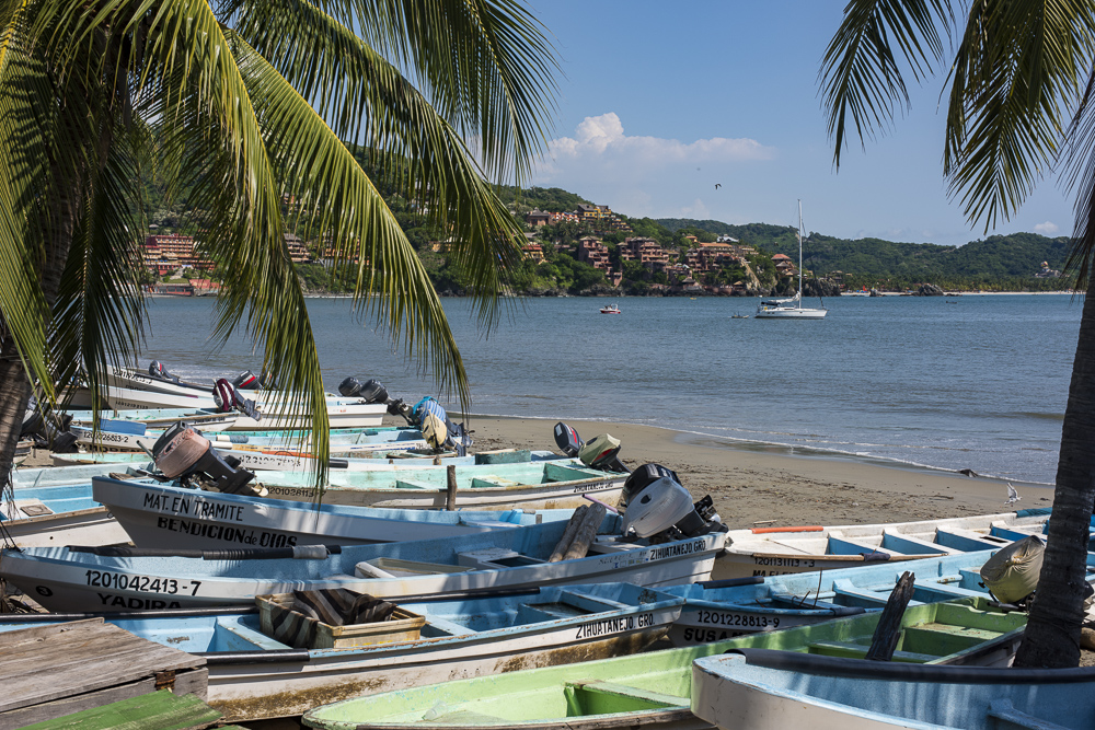 Fishing boats, also known as Pangas, on Zihuatanjo  beach, Mexico