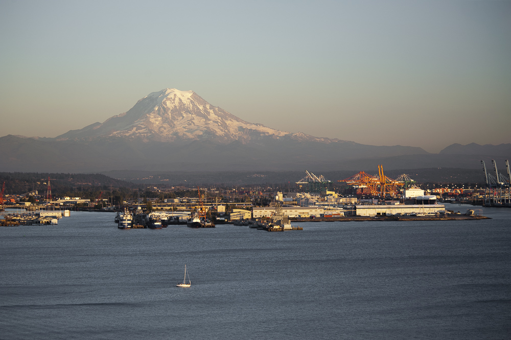 Mount Raineir and Port of Tacoma at sunset