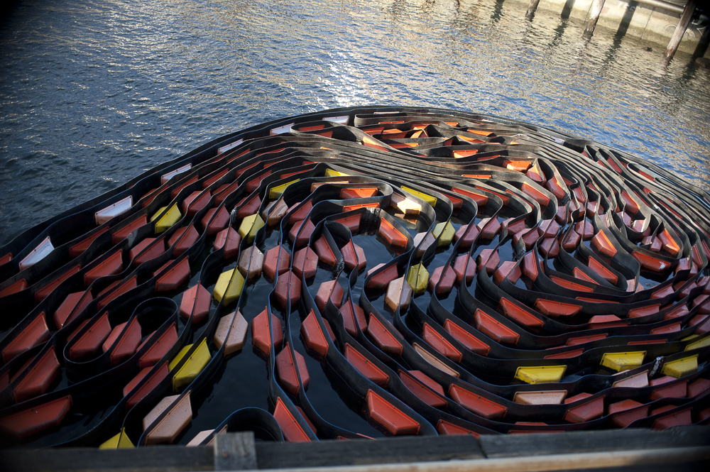 A colorful coil of Oil Boom at the Seattle waterfront piers.